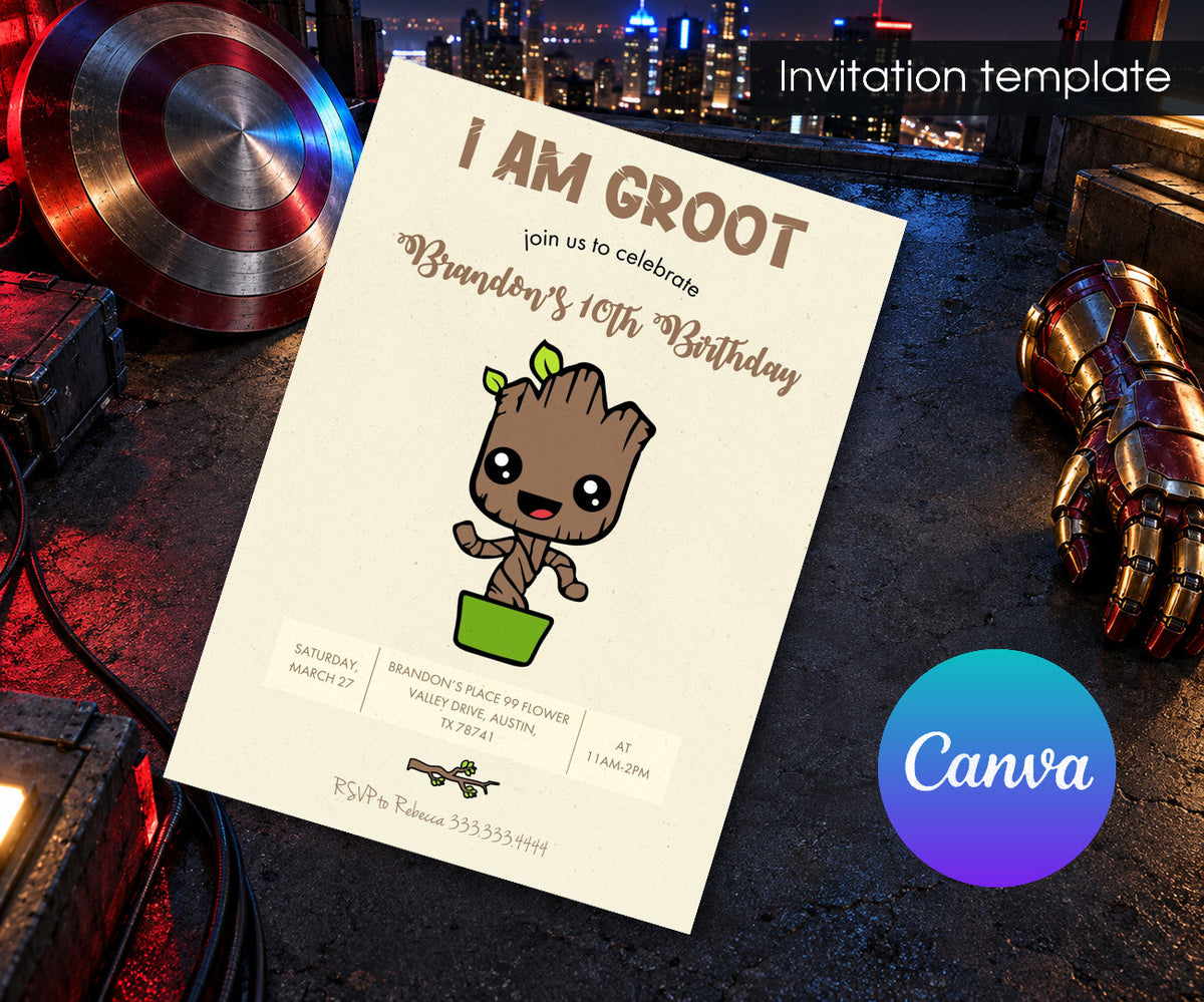 Marvel Groot Guardians of the Galaxy Superhero Invitation mockup