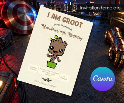 Marvel Groot Guardians of the Galaxy Superhero Invitation mockup