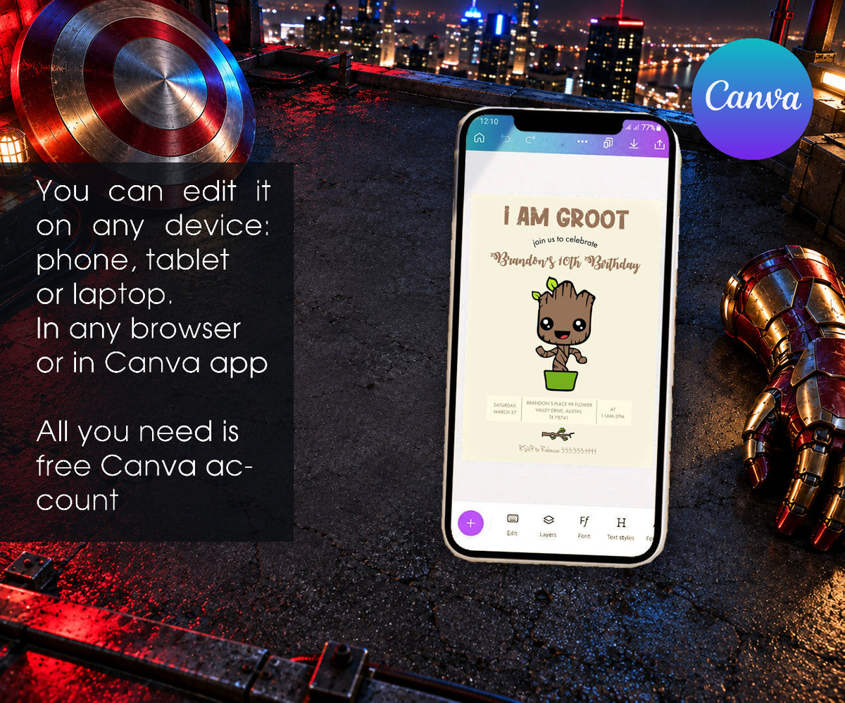 Marvel Groot Guardians of the Galaxy Superhero Invitation mockup