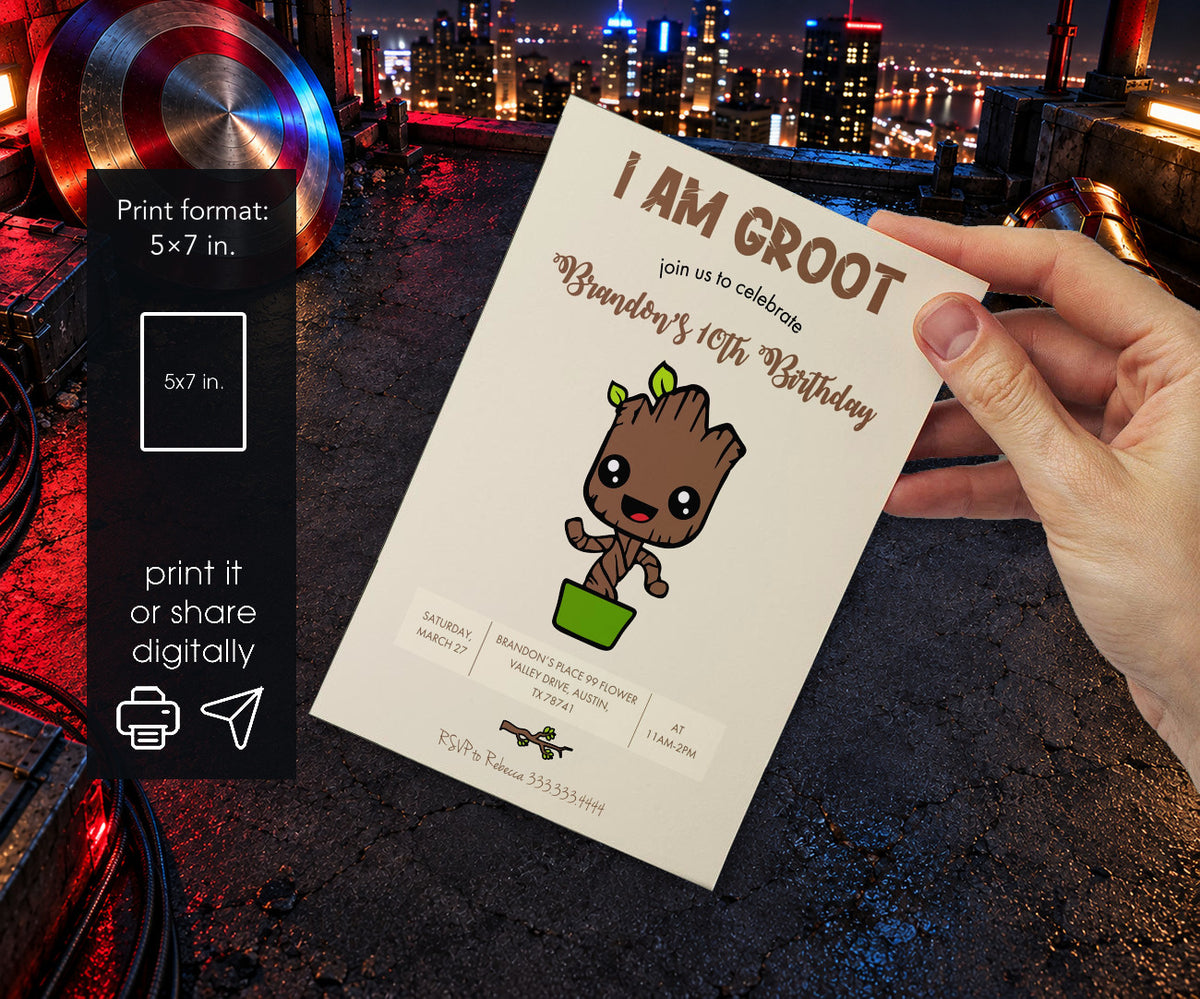 Marvel Groot Guardians of the Galaxy Superhero Invitation mockup