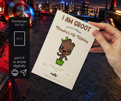 Marvel Groot Guardians of the Galaxy Superhero Invitation mockup