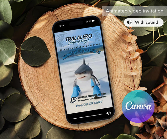 Tralalero Sneaker Shark Beach Animated Birthday Invitation — animated invitation mockup