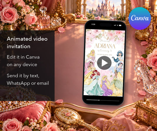 Disney Princess Pink Floral Animated Birthday Invitation mockup
