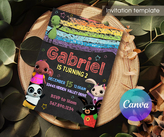 Bing Bunny customizable invitation template | Share or Print | AX650; invitation lying on a wooden tabletop.