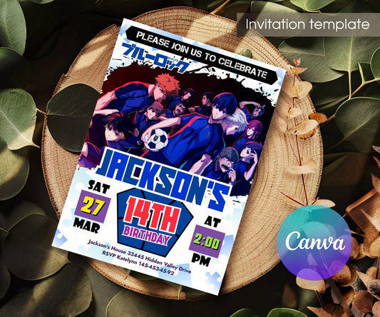 Blue Lock Soccer Team Birthday Invitation - Editable 5×7; invitation lying on a wooden tabletop.