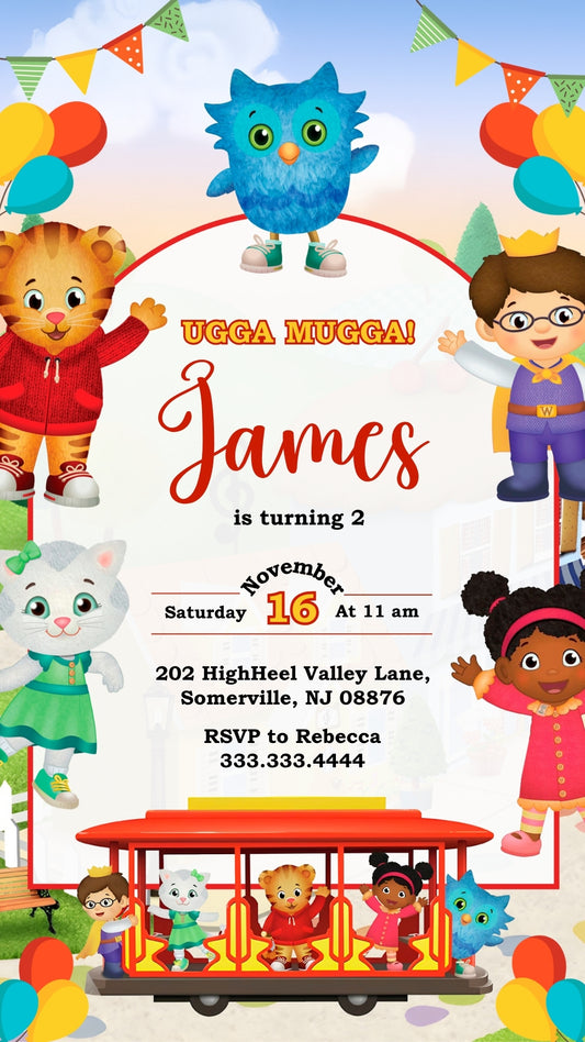 Daniel Tiger Colorful Trolley Birthday Video Invitation | Canva Template