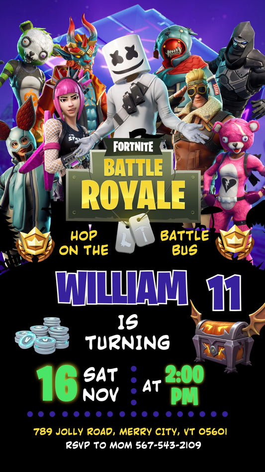 Fortnite Battle Royale Purple Animated Birthday Invitation | Canva Template