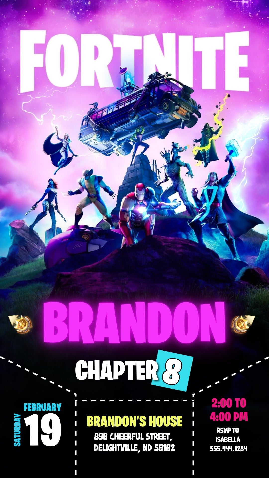 Fortnite Purple Battle Bus Animated Birthday Invitation | Canva Template