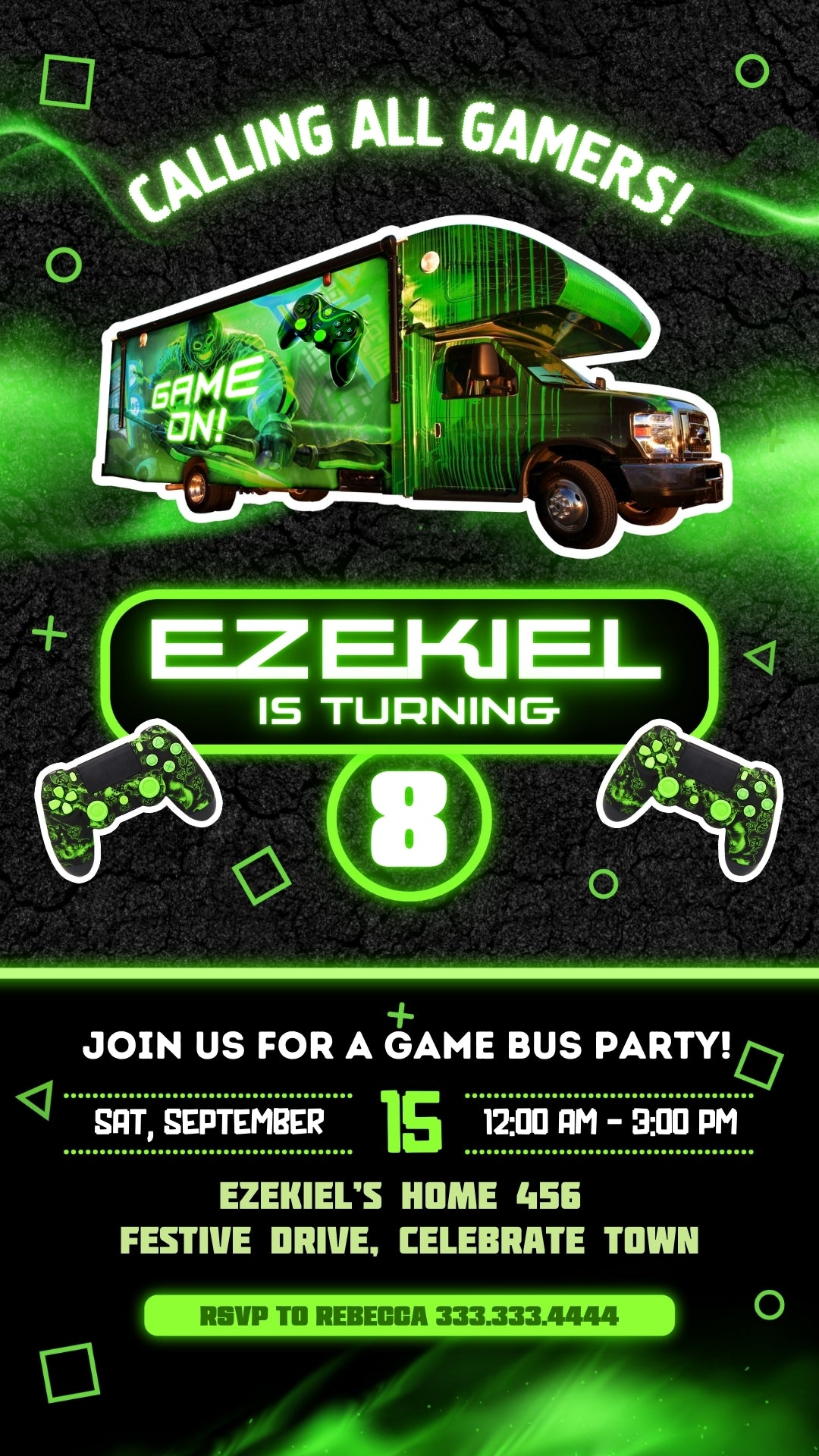 Neon Green Game Bus Animated Birthday Invitation | Canva Template