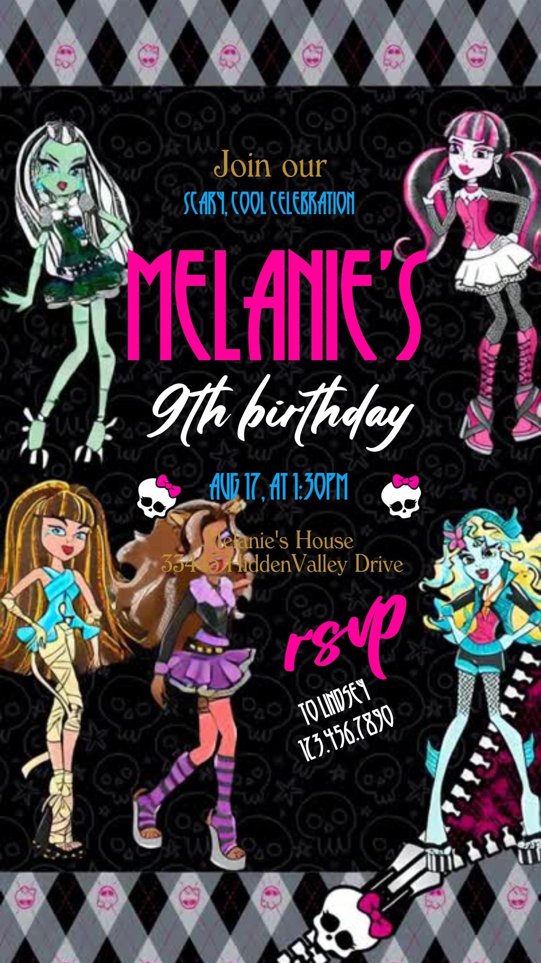 Monster High Diamond Border Animated Birthday Invitation | Canva Template