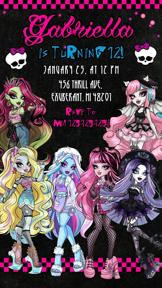 Monster High Pink Checkered Animated Birthday Invitation | Canva Template