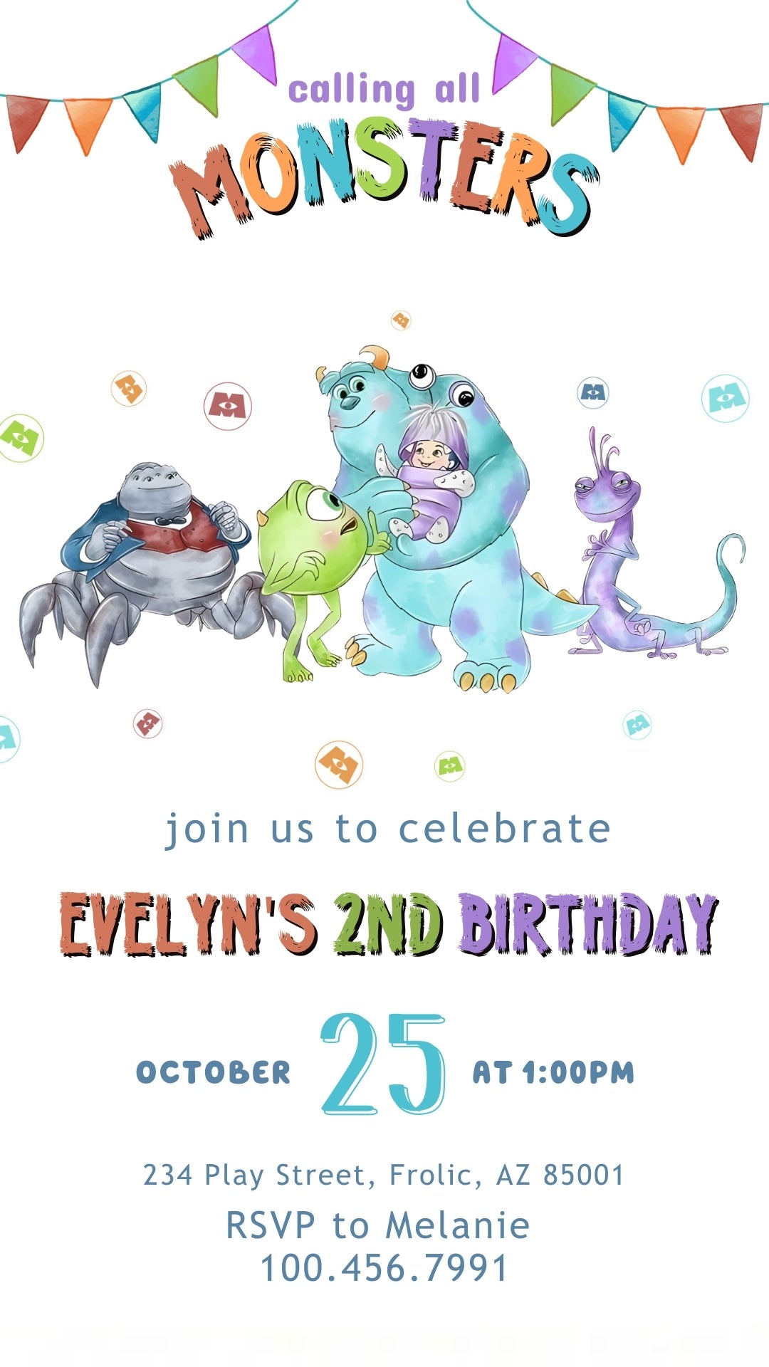 Calling All Monsters Bunting Animated Birthday Invitation | Canva Template