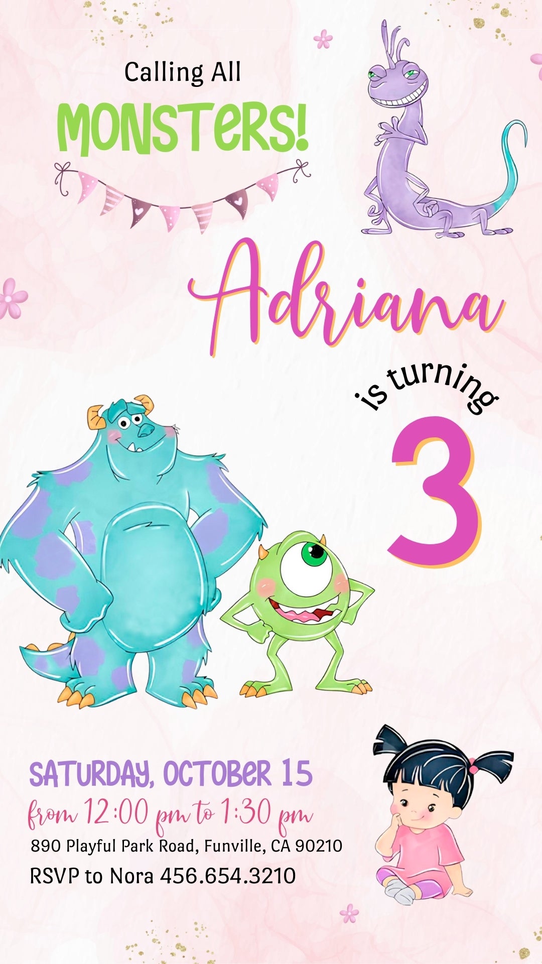 Pink Little Monsters Animated Birthday Invitation | Canva Template