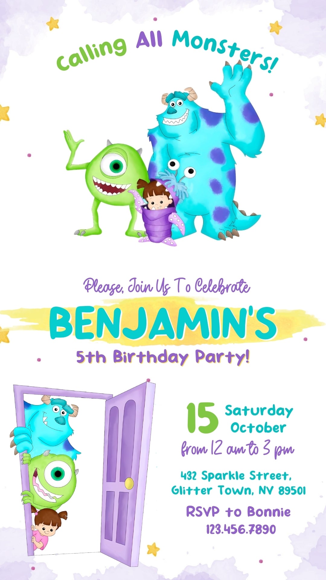 Watercolor Monsters Doors Animated Birthday Invitation | Canva Template