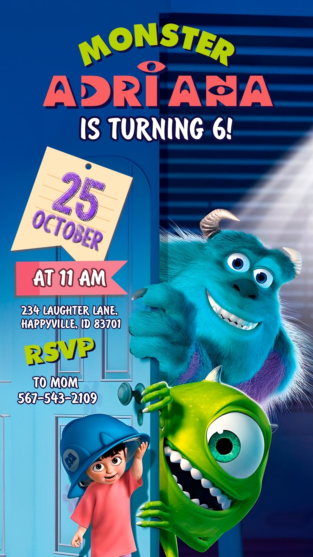 Monsters Blue Door Animated Birthday Invitation | Canva Template