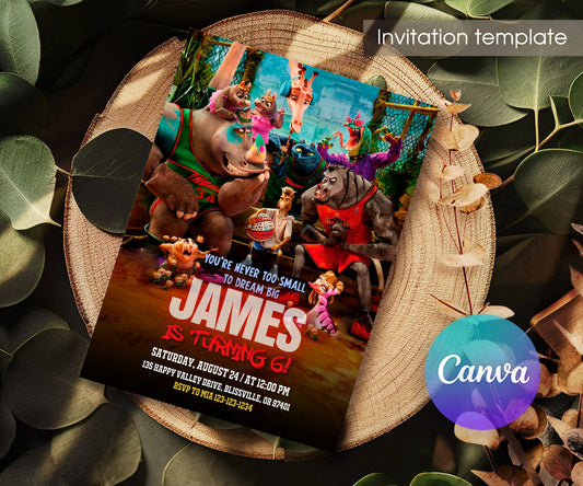 GOAT Animal Basketball Team Birthday Invitation - Editable 5×7; invitation lying on a wooden tabletop.