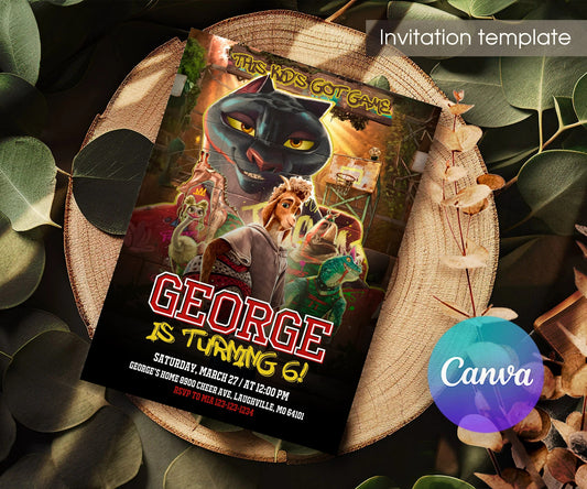 GOAT Basketball Character Collage Birthday Invitation - Editable 5×7; invitation lying on a wooden tabletop.