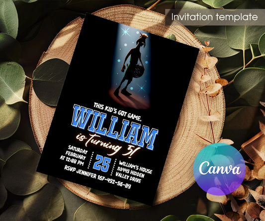 GOAT Basketball Spotlight Birthday Invitation - Editable 5×7; invitation lying on a wooden tabletop.