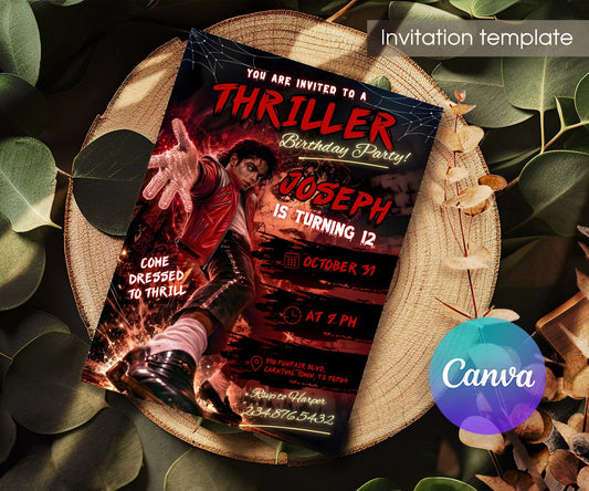 Thriller Red Jacket Birthday Invitation - Editable 5×7; invitation lying on a wooden tabletop.