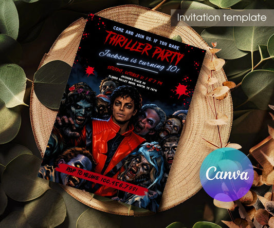 Thriller Zombie Crowd Birthday Invitation - Editable 5×7; invitation lying on a wooden tabletop.