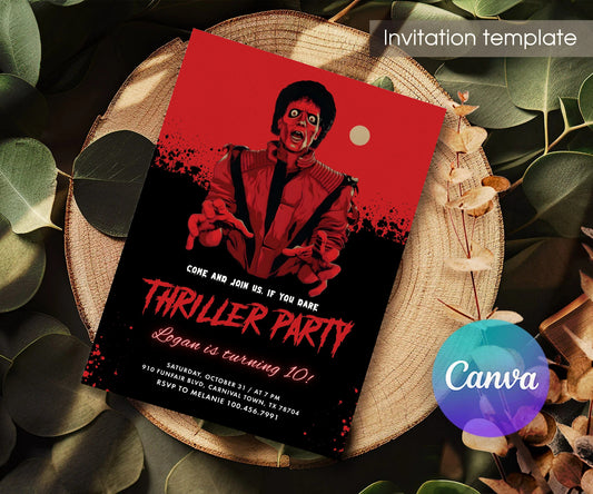 Thriller Red Zombie Portrait Birthday Invitation - Editable 5×7; invitation lying on a wooden tabletop.