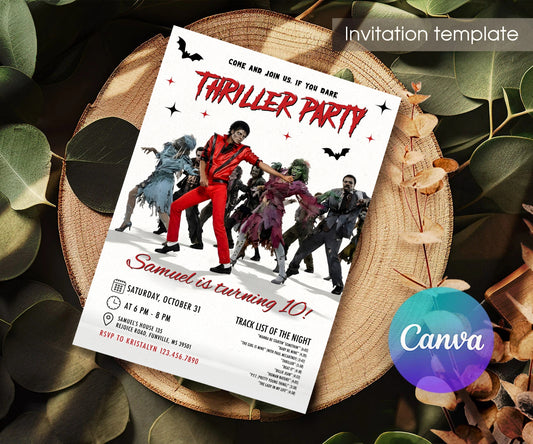 Thriller Zombie Dance Birthday Invitation - Editable 5×7; invitation lying on a wooden tabletop.