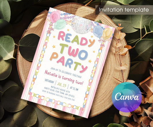 Ready Two Party Disco Ball Birthday Invitation - Editable 5×7; invitation lying on a wooden tabletop.