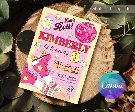 Pink Disco Ball Roller Skating Birthday Invitation - Editable 5×7; invitation lying on a wooden tabletop.