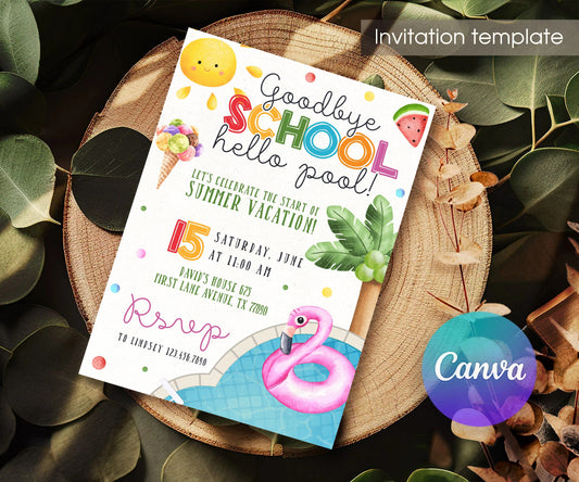 Flamingo Float End of School Pool Party Invitation - Editable 5×7; invitation lying on a wooden tabletop.
