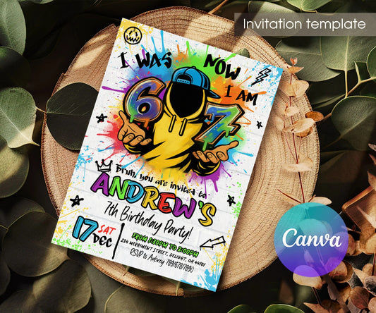 Six Seven Graffiti Hoodie Birthday Invitation - Editable 5×7; invitation lying on a wooden tabletop.