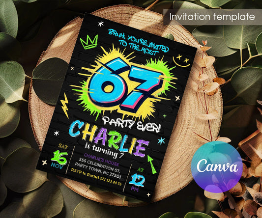 Six Seven Neon Brick Graffiti Birthday Invitation - Editable 5×7; invitation lying on a wooden tabletop.