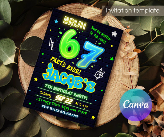 Six Seven Neon Brick Wall Birthday Invitation - Editable 5×7; invitation lying on a wooden tabletop.