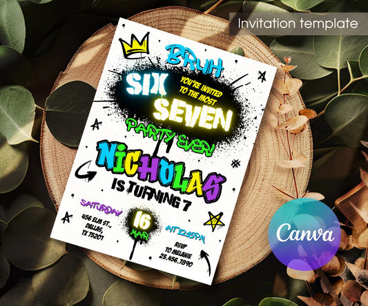 Six Seven Graffiti Splash Birthday Invitation - Editable 5×7; invitation lying on a wooden tabletop.