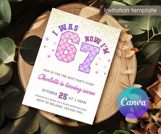 Six Seven Lavender Checkerboard Seventh Birthday Invitation - Editable 5×7; invitation lying on a wooden tabletop.