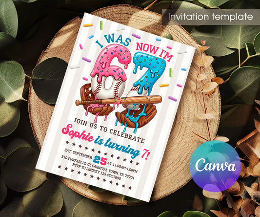 Six Seven Sprinkle Baseball Birthday Invitation - Editable 5×7; invitation lying on a wooden tabletop.