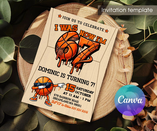 Six Seven Basketball Court Birthday Invitation - Editable 5×7; invitation lying on a wooden tabletop.