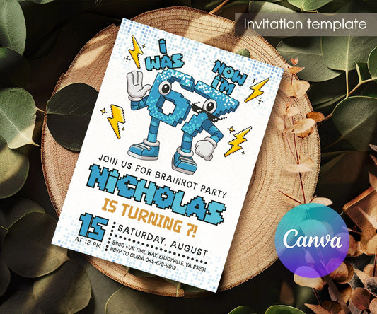 Six Seven Blue Pixel Brainrot Birthday Invitation - Editable 5×7; invitation lying on a wooden tabletop.