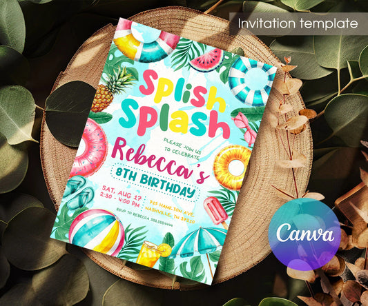 Splish Splash Tropical Pool Floats Birthday Invitation - Editable 5×7; invitation lying on a wooden tabletop.