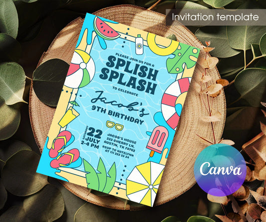 Cartoon Poolside Splish Splash Birthday Invitation - Editable 5×7; invitation lying on a wooden tabletop.
