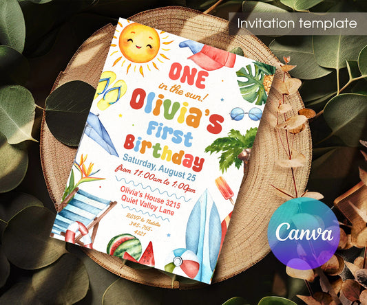 One in the Sun Beach Day First Birthday Invitation - Editable 5×7; invitation lying on a wooden tabletop.