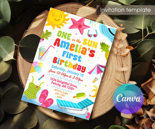 One in the Sun Starfish First Birthday Invitation - Editable 5×7; invitation lying on a wooden tabletop.