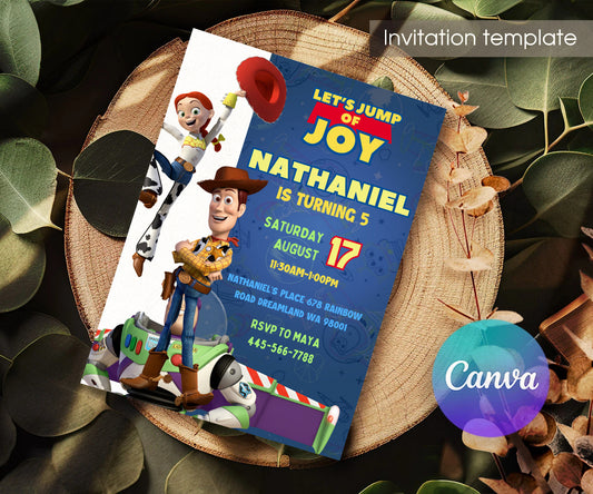 Toy Story Woody customizable invitation template | Share or Print | SW894; invitation lying on a wooden tabletop.
