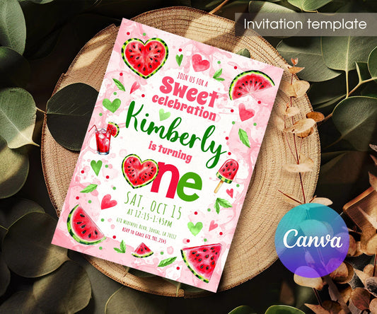 Watermelon Hearts First Birthday Invitation - Editable 5×7; invitation lying on a wooden tabletop.