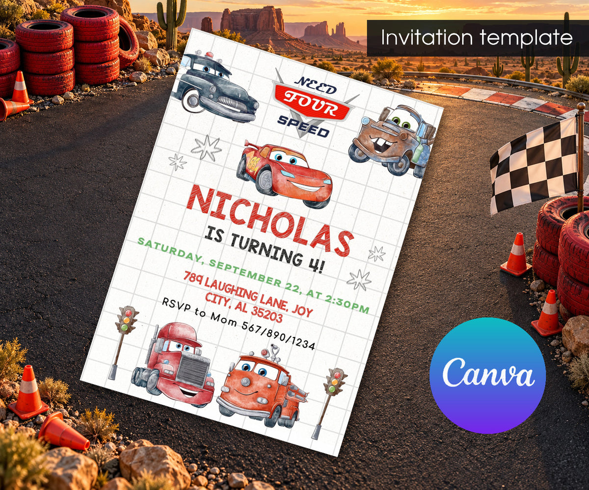 Cars Lightning Mcqueen Four Invitation mockup