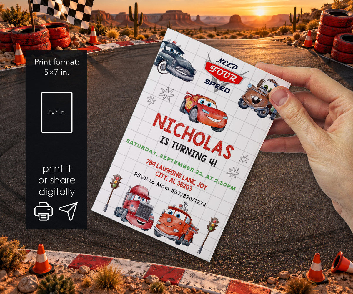 Cars Lightning Mcqueen Four Invitation mockup
