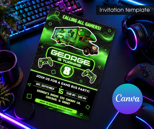 Video Game Bus Gamer Invitation mockup