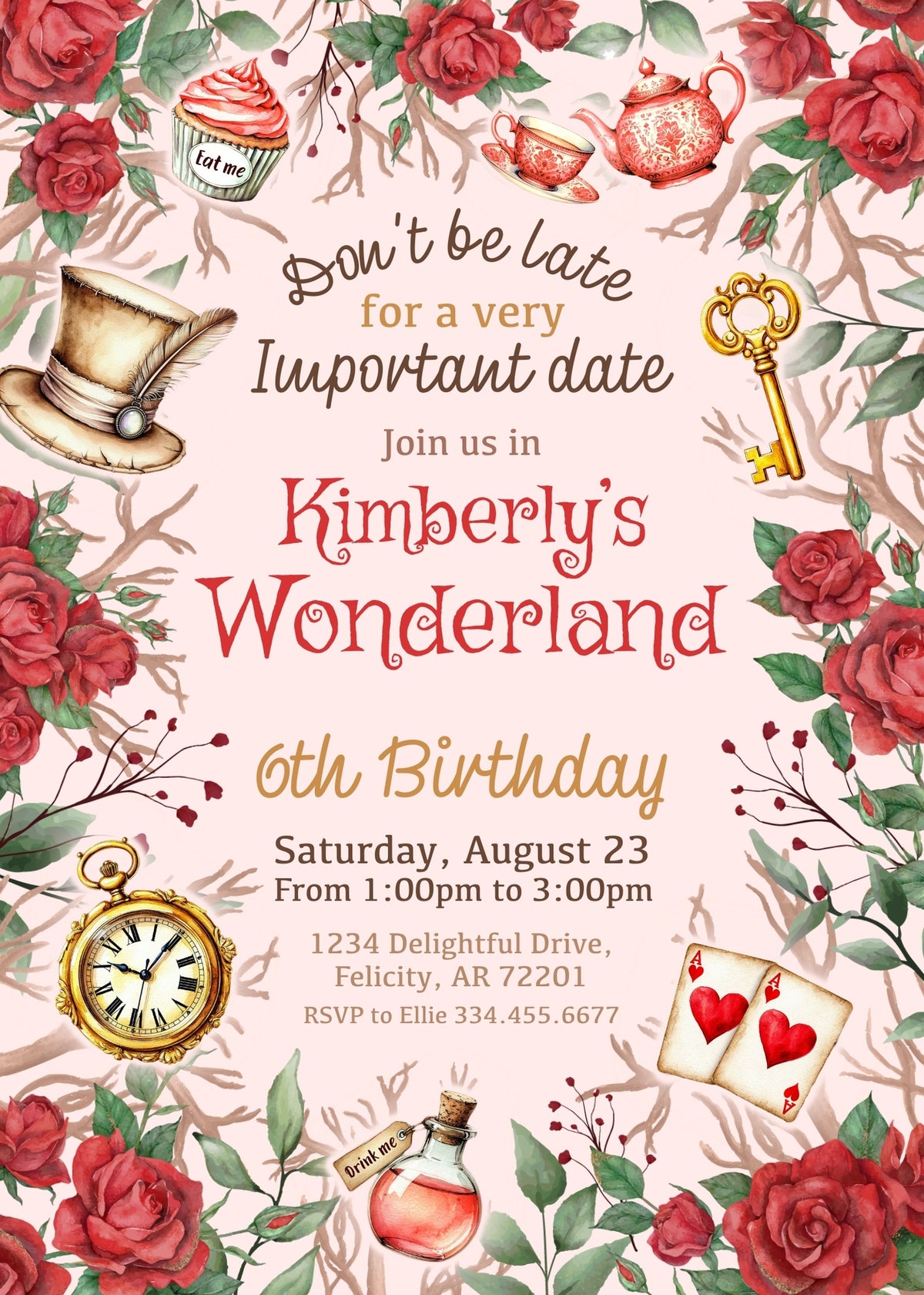 Alice in Wonderland Red Rose Birthday Invitation - Editable 5×7