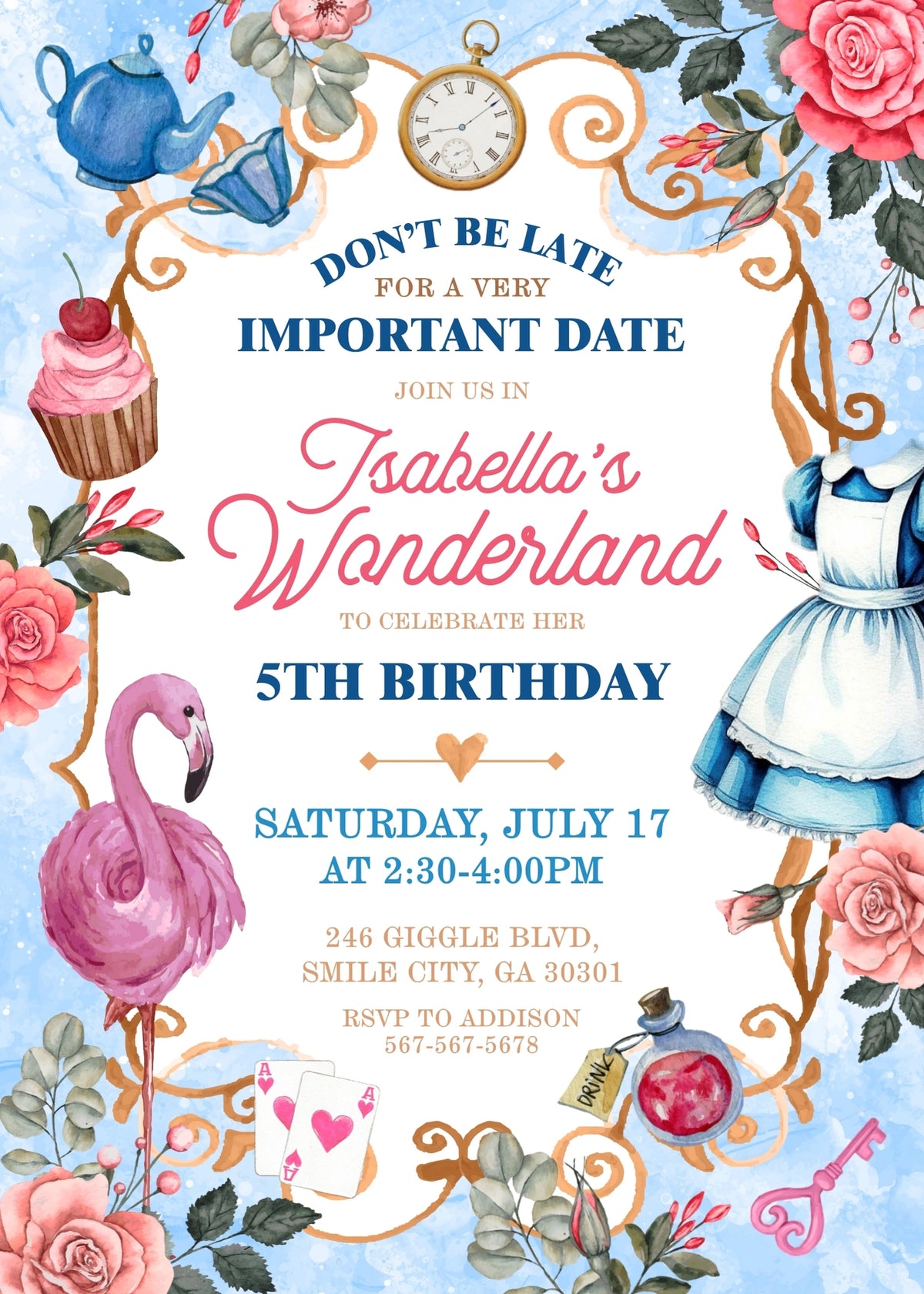 Alice in Wonderland Blue Tea Party Birthday Invitation - Editable 5×7