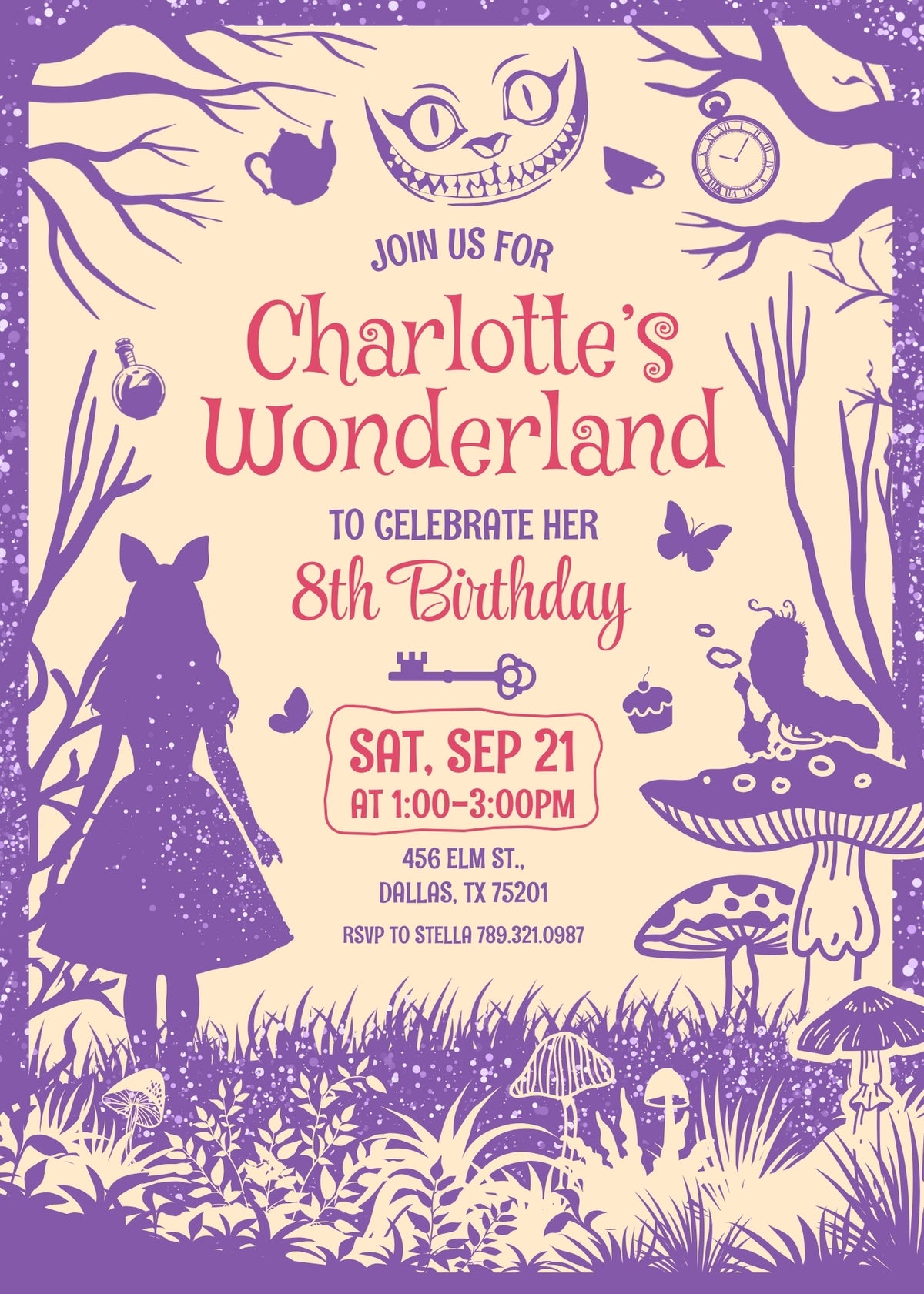 Alice in Wonderland Purple Silhouette Birthday Invitation - Editable 5×7