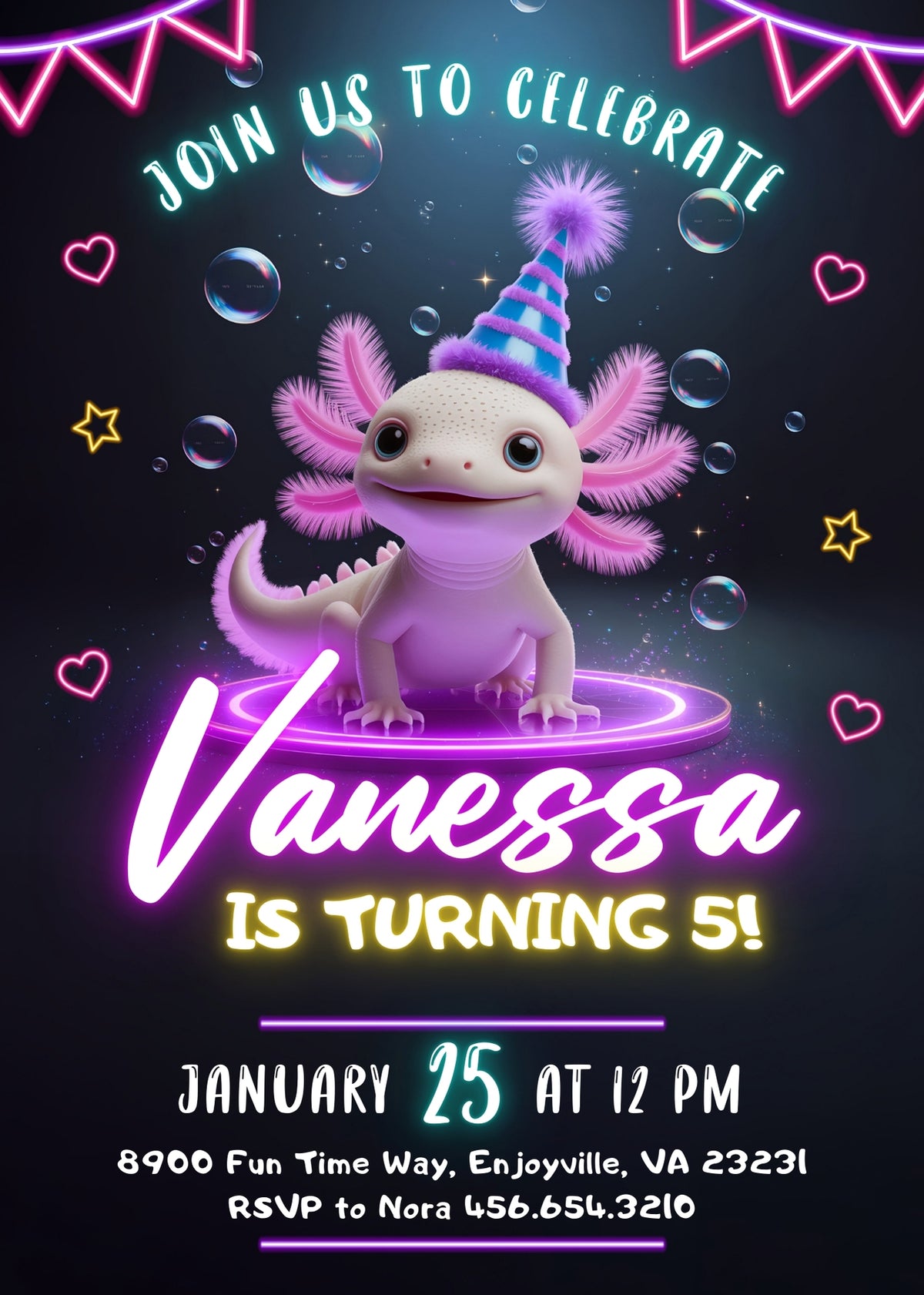 Neon Party Hat Axolotl Birthday Invitation - Editable 5×7